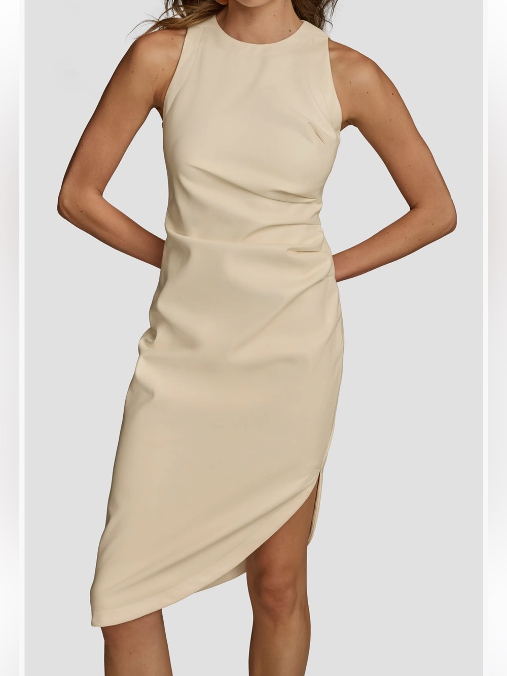 Donna Karan New York Womens' Ivory Faux-Leather Asymmetric-Hem Dress Size 12